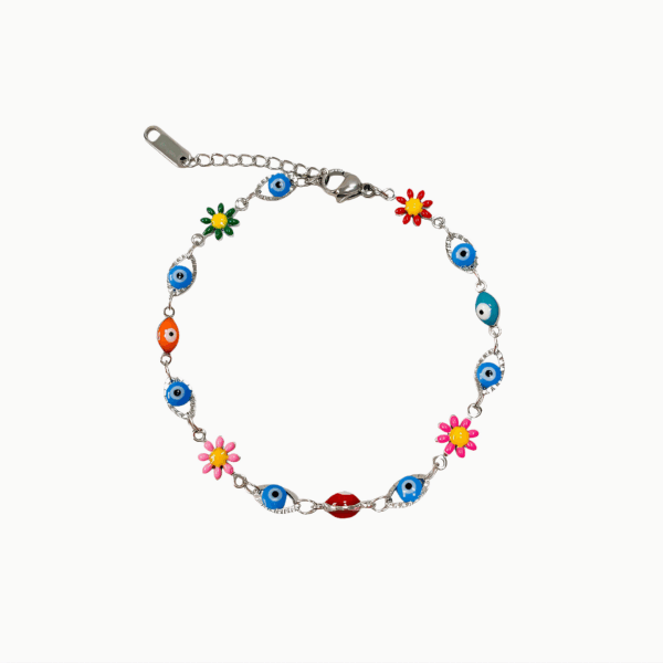 PULSERAS FINA CON MARGARITAS Y OJITOS DE COLORES