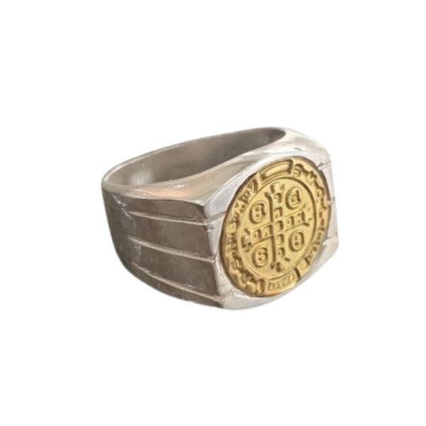 ANILLO SAN BENITO PLATA Y ORO CUADRARO GRANDE