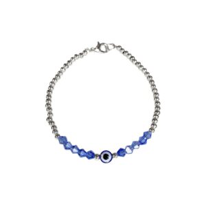 PULSERA CRISTAL CON BOLITAS DE ACERO Y OJITO TURCO